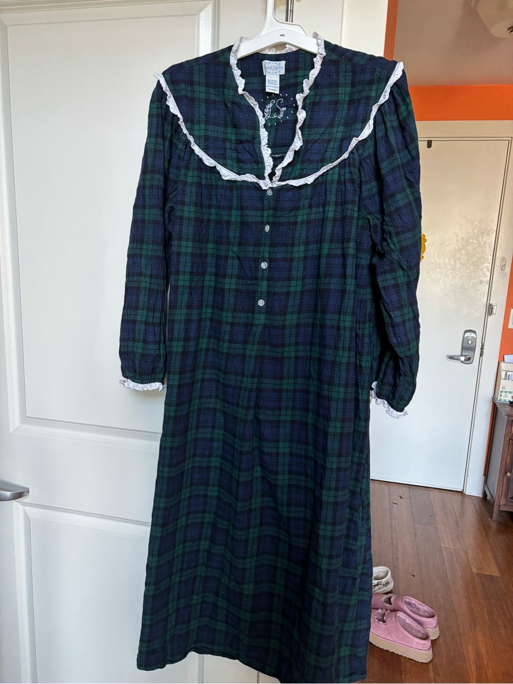 Lanz of Salzburg Green and Navy Plaid Nightgown with Lace Trim